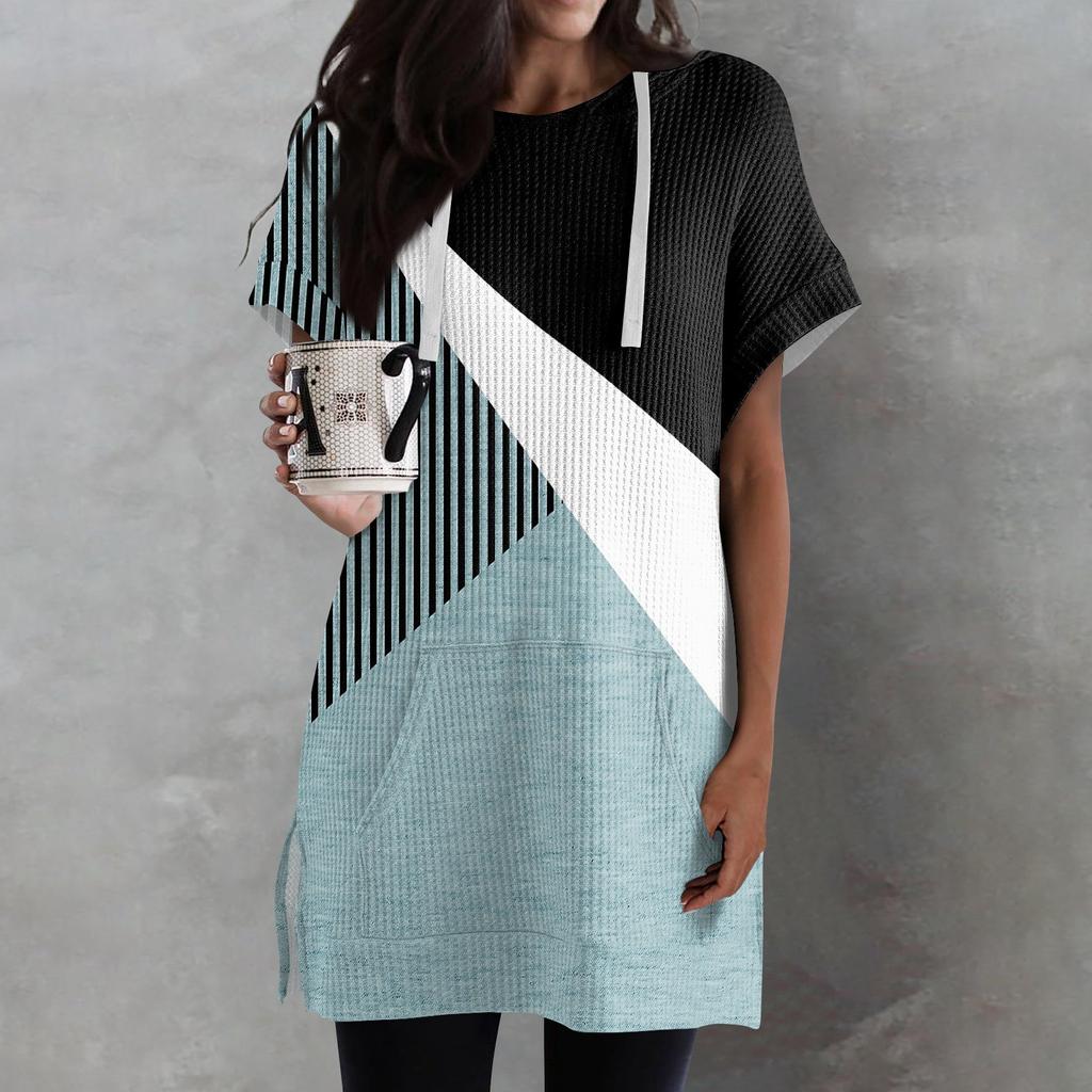 Женские свободные рубашки с принтом, толстовки с короткими рукавами и шнурком, вязаная туника с боковыми разрезами, топы с капюшоном и карманом