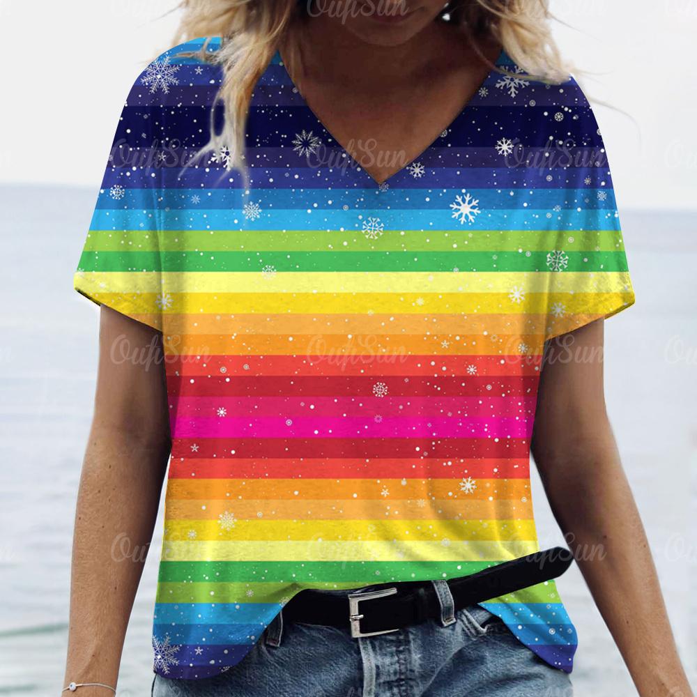 2025 Летние футболки с V-образным вырезом и ярким принтом для женщин, 3D цветочная эстетика, повседневные топы оверсайз, модный Харадзюку