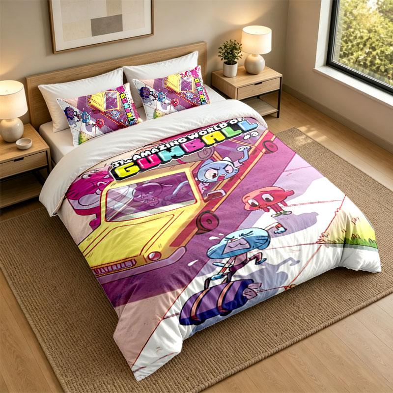 3Pcs Bedding SetAmazing World of Gumball Soft Bed Sheet and Two Pillowcases Home Bedroom Decor