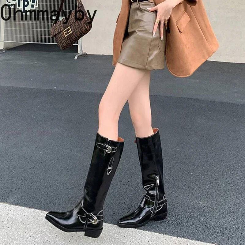 Модные женские сапоги в стиле вестерн, модные туфли с пряжкой на поясе в стиле ретро, осень-зима, дамские длинные сапоги в стиле рыцаря