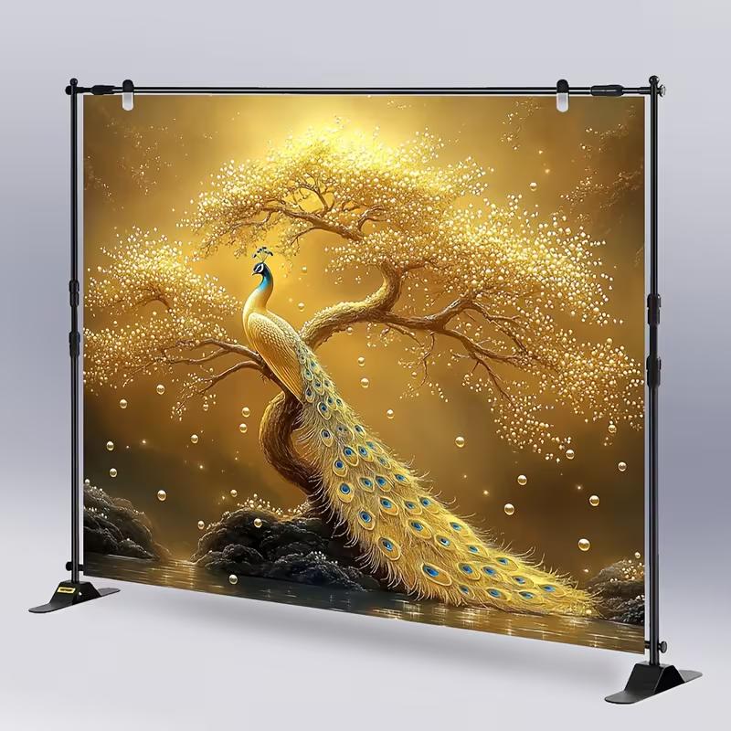 2D Elegant Gold Peacock Tapestry, Golden Bonsai Tree with Sparkling Bubbles Backdrop Cloth for Room Decor