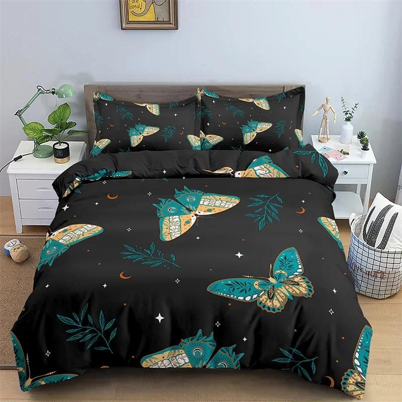 Butterfly Bedding Set Full King Size Hippie Boho Moth Duvet Cover Microfiber Animal Botanical Psychedelic Starry Sky Quilt Cover