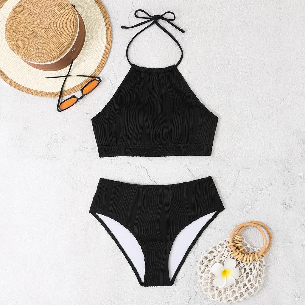 2024 European & American Solid Color High Waist Split Bikini Swimsuit for Women