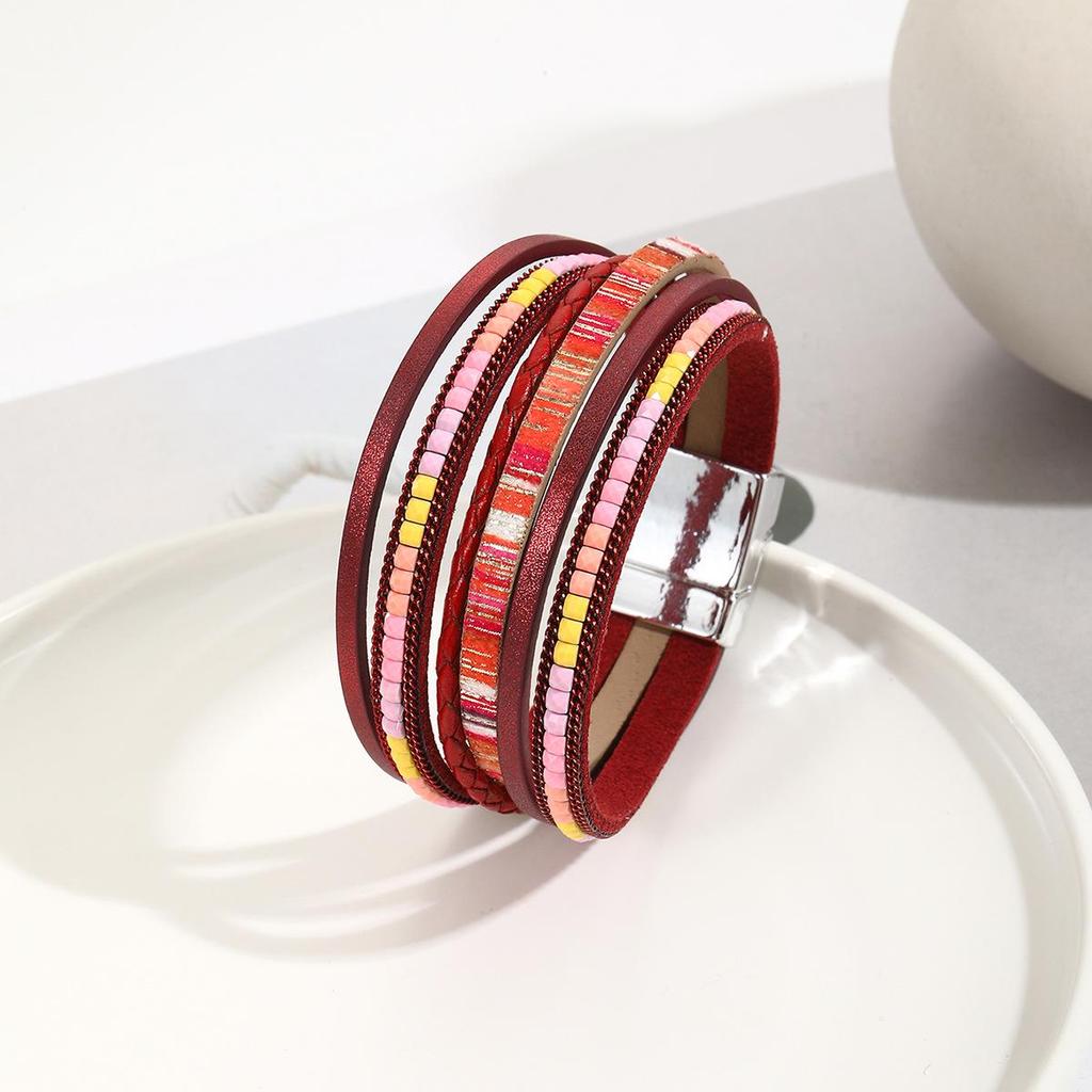 Bohemian Multi-layer Leather Wrap Bracelet with Magnetic Buckle for Women