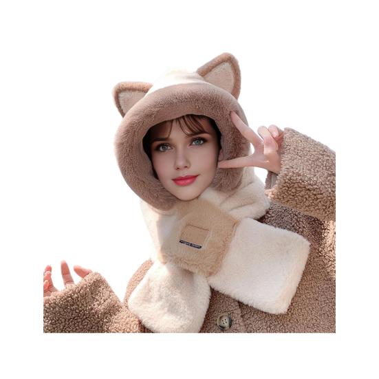 Thermal Elastic Scarf Hat Bear Ear Decor Autumn Winter 2 In 1 Scarf Hat Outdoor Activities Skiing Camping Warm Headwear