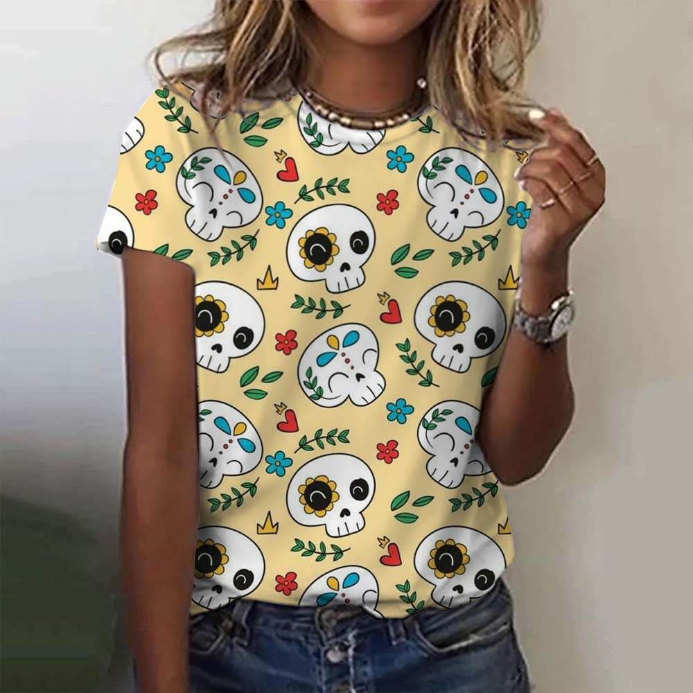 Summer Round Neck 3D Colorful Skull Pattern Print Top Fashionable Casual Short Sleeved Women's T-shirts
