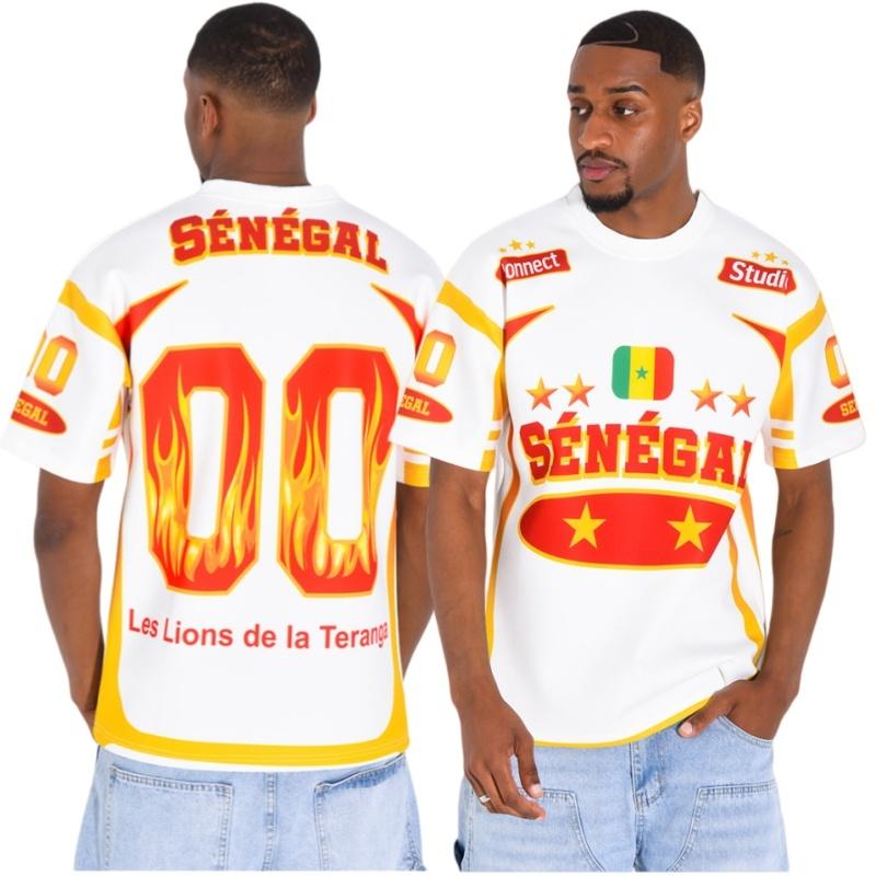 Men Senegal National Football Jersey Flag Print Short Sleeve T Shirt Fire Quick Dry Teranga Lions Fan Casual Sport Training Top