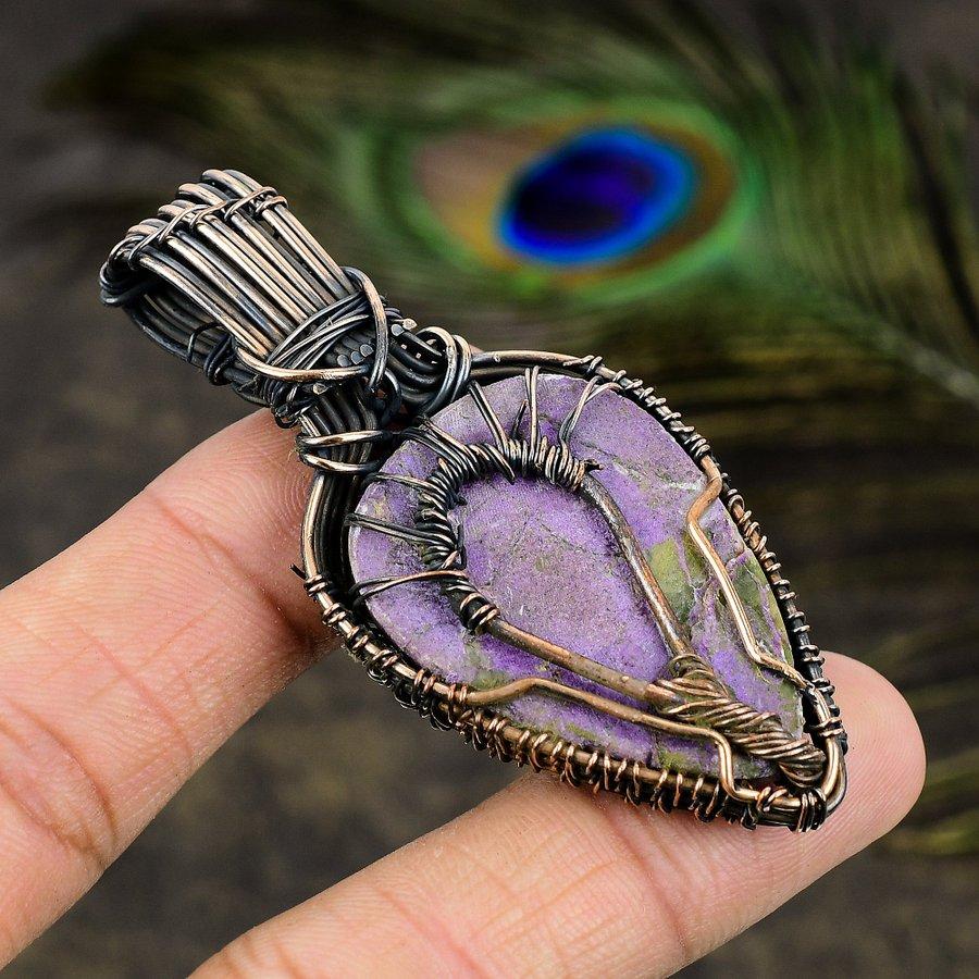 Natural Purpurite, Moonstone Gemstone Copper Wire Wrap Pendant 2.68" B6L90