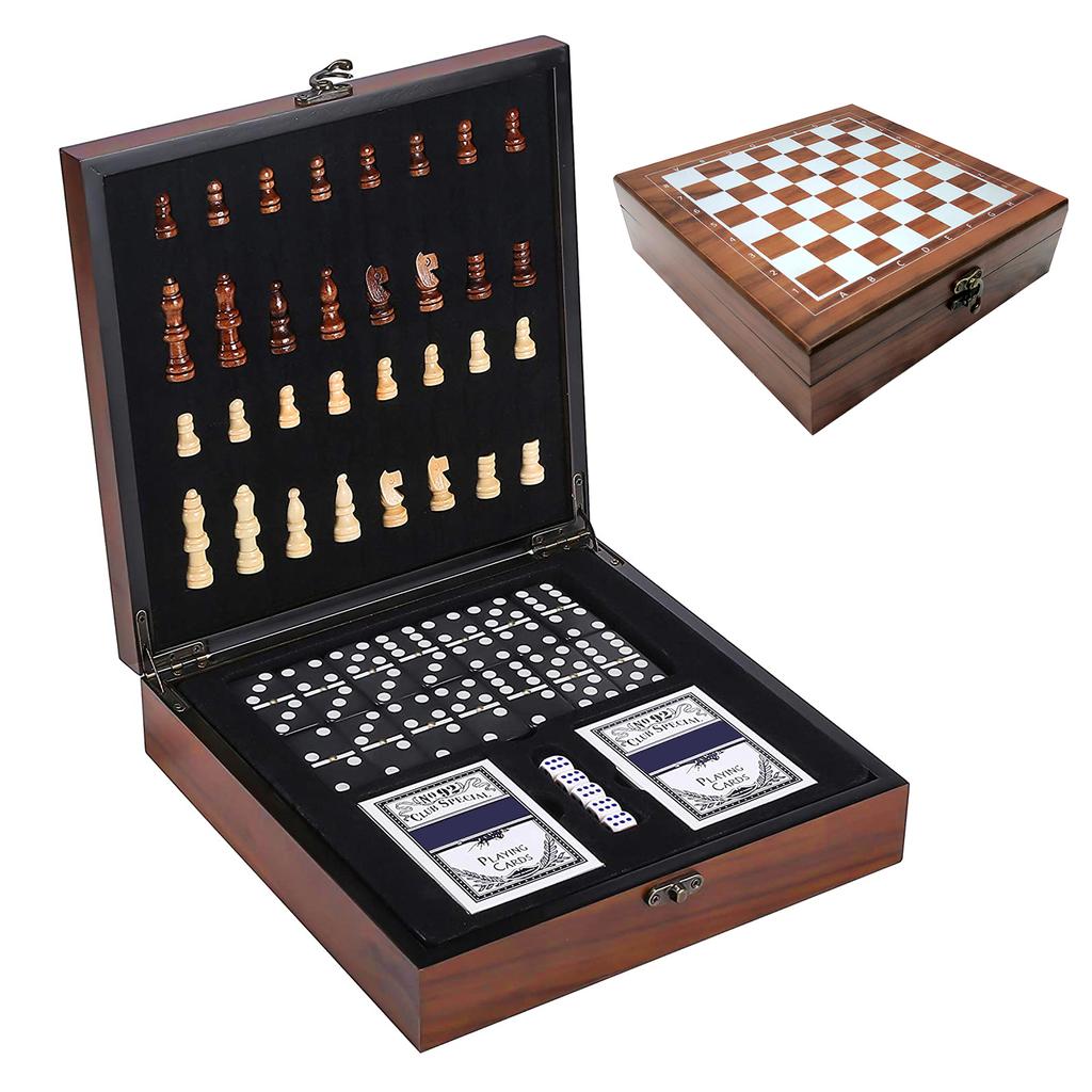 4-IN-1 Chess Set Kids Adults Chess Board Game for Playing Chess Cards Dices Dotted Tiles