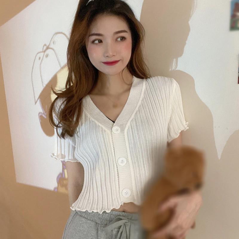 Летняя вязаная футболка с оборками, модные сексуальные тонкие укороченные топы с v-образным вырезом, однотонный кардиган с короткими рукавами для женщин