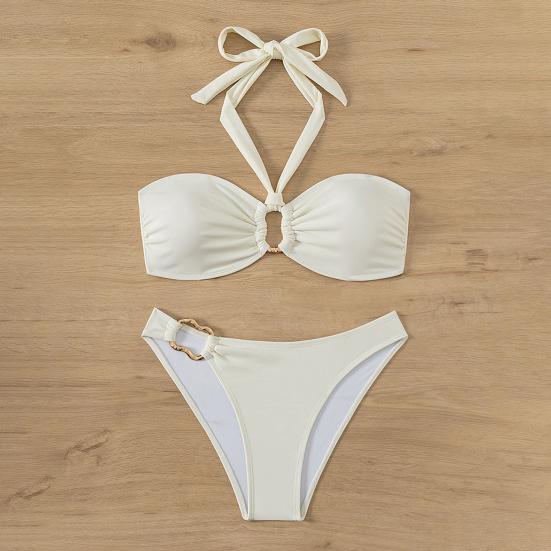 Женский комплект бикини с металлическим кольцом и высокой талией, двухсекционный купальник, сексуальный купальник с вырезом на шее для пляжной вечеринки