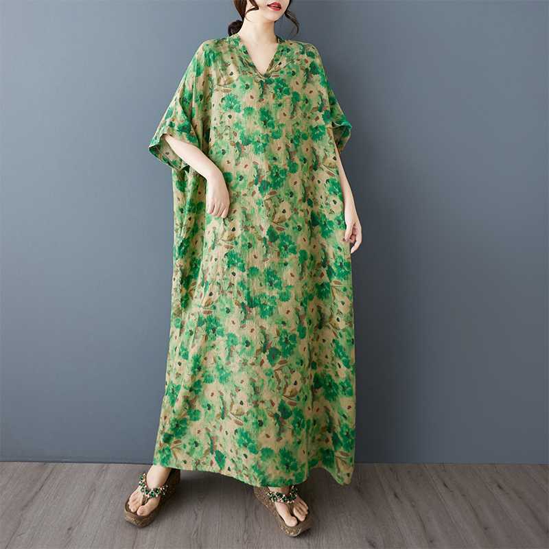 Летнее цветное платье с V-образным вырезом в стиле ретро, длинная юбка, хлопок-лен