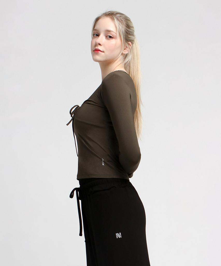 NOKJOK Heidi Ribbon Semi-Crop Long Sleeve T-Shirt Running Yoga Wear Pilates Wear