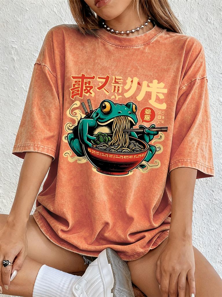 Frog Eating RaUnisex Noodles Printing Washed TShirts Womens Cotton Oversize Tops ONeck Short Sleeve T Shirt Summer Womens Clothes