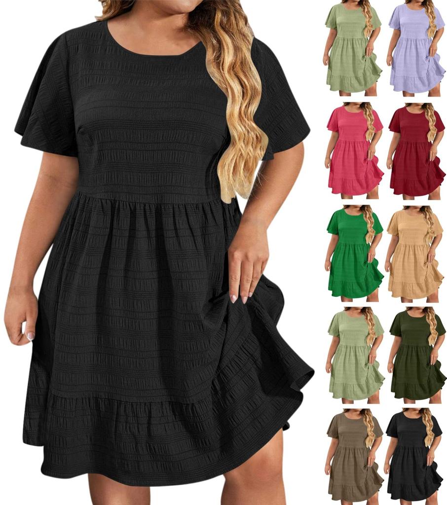 Ladies' Large Size Casual And Fashionable Solid Color Dress, Loose Short Sleeved Waist Cinched Dress