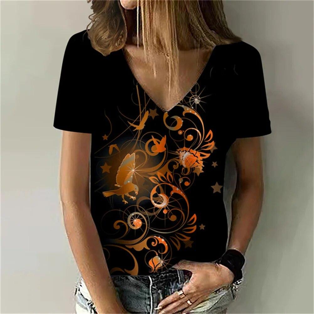 Versatile Sexy V-neck Women's T Shirt Flower 3D Print Summer Short Sleeve Fashion Street Harajuku Comfortable Ladies Tee Casual