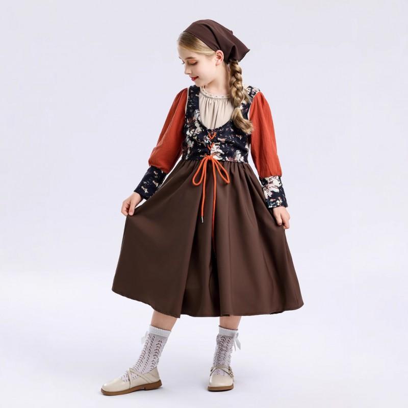 Halloween Kids Costume Vintage Medieval Farm Style Girls Stage Performance Outfit