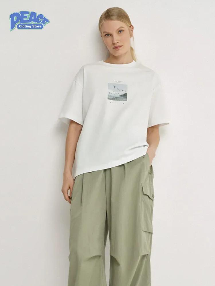 Seagull Scenery Printed T-shirt 100% Cotton T-shirt Women's Clothing Summer Fashion Simple Lovely Casual Comfy Short Sleeve Top