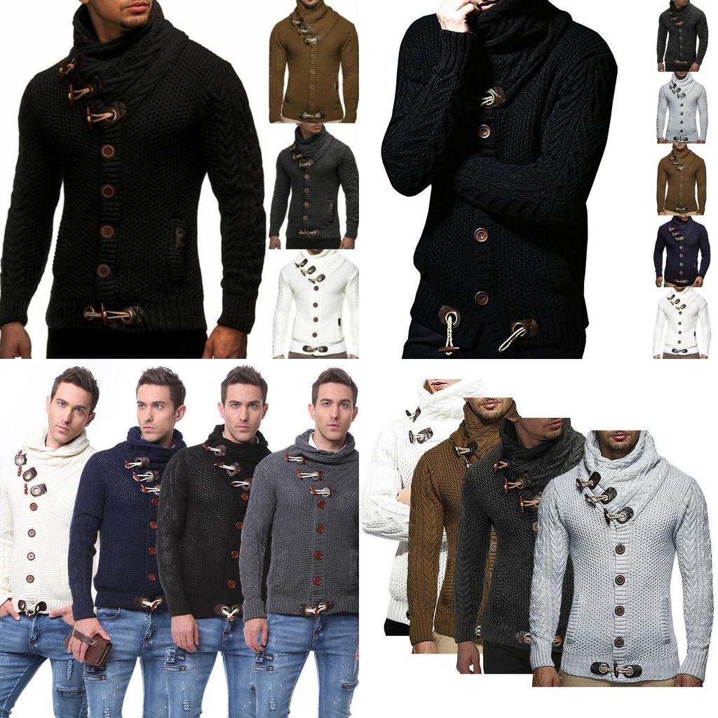 Элегантный мужской трикотажный свитер с длинным рукавом, пуговицами-рожками и воротником-стойкой, пальто-кардиган
