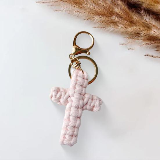 Handmade Christian Cross-shaped Keychain with Golden Ring Compact Comfortable Prayer Pendant Religious Accessory