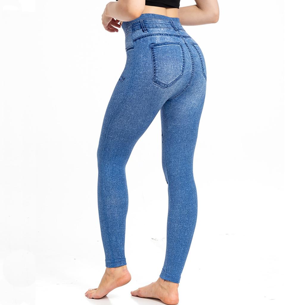Женские облегающие повседневные спортивные штаны для йоги с эластичной резинкой на талии из имитации джинсовой ткани