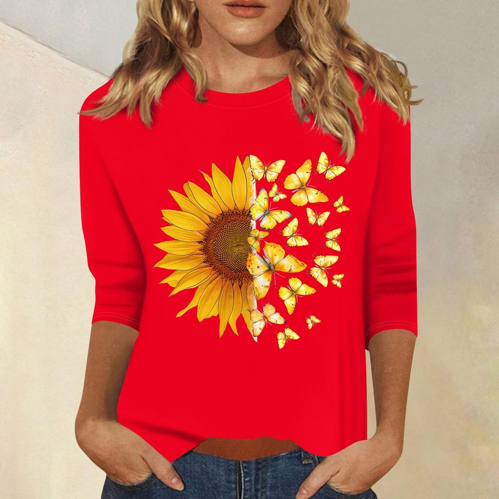 Женская мода повседневный принтованный топ с семью рукавами и круглым вырезом