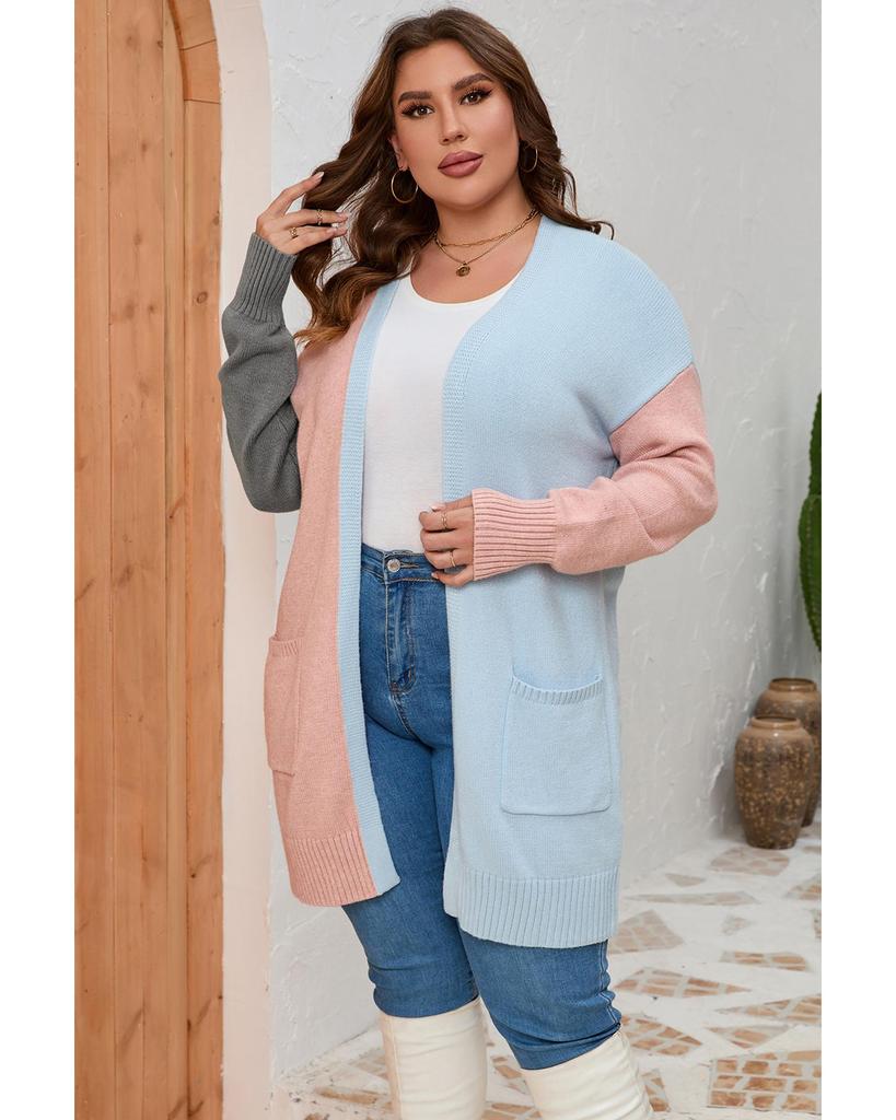 Azura Exchange Multicolor Plus Size Colorblock Pocketed Open Front Cardigan