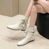 Fashion White Butterfly-knot Chelsea Ankle Boots Vintage Square Toe Flat Leather Low Heels Slip-on Shoes 2024 Women's Slim Western Boots