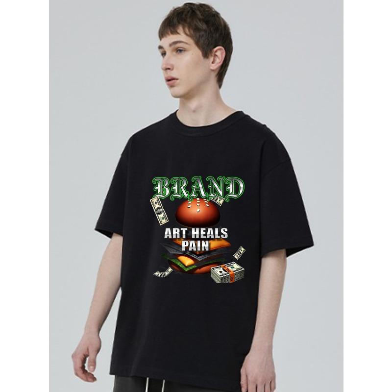 Черная футболка с принтом 'Brand Art Heals Pain Burger And Money' для повседневной носки