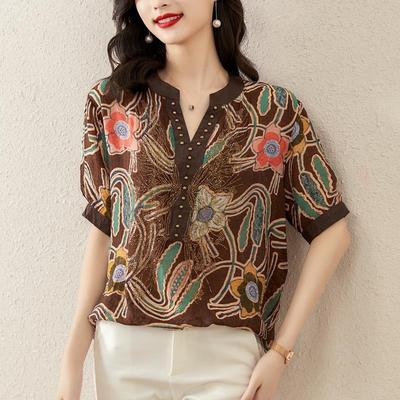 Летняя свободная повседневная рубашка с V-образным вырезом и винтажным принтом с бриллиантами, женская свободная универсальная модная блузка-пуловер с коротким рукавом для женщин