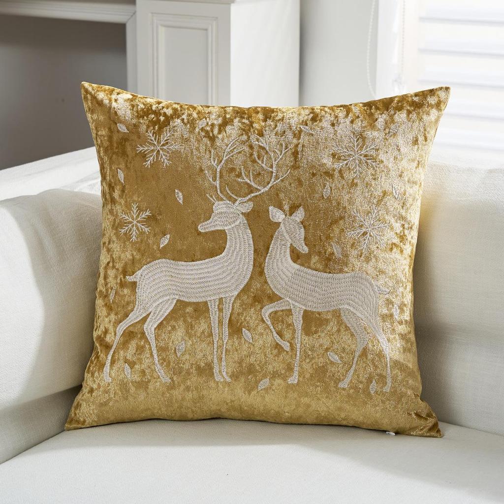 Gold Pillowcase with Reindeer and Snowflake Embroidery - Christmas Cushion Cover