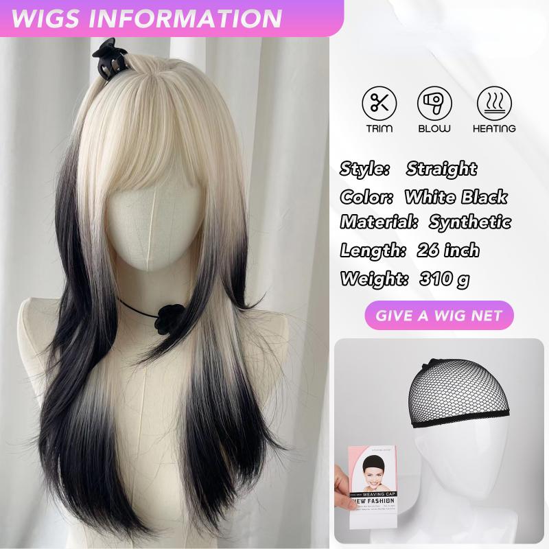 Прямой парик Черный Синий Воздушная челка 24-дюймовый синтетический парик из волокна Термостойкий натуральный для вечеринок или селфи для женщин Ежедневное использование Корейская мода