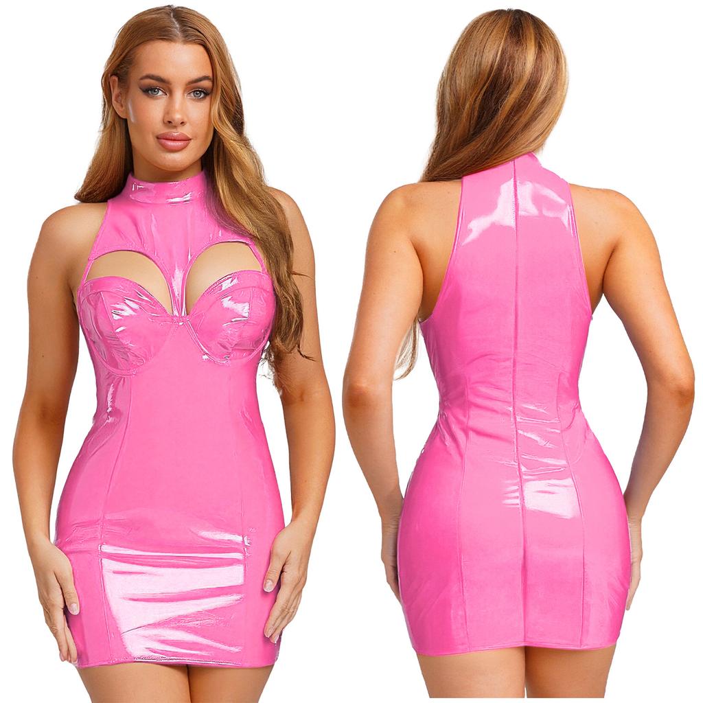 Statement Wet Look Mini Dress S-3XL for Women: Features Mock Neck, Push-up Support & Hollow-out for Night Out