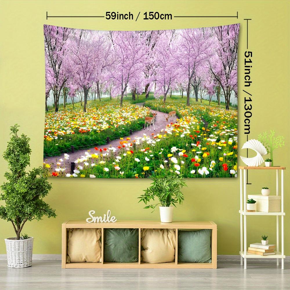 1pc Green Grassland Cherry Blossom Tree Tapestry Wall Hanging, Room Decor, Bedroom Decor, Living Room Background, Natural Style Backdrop Cloth, Tapest