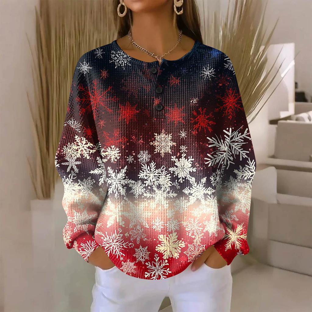Women's Fashionable Casual Christmas Print V-Neck Long-Sleeved Button-Down Blouse