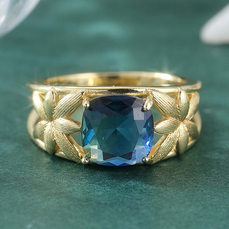 Vintage Elegant Blue Synthetic Zirconia Hollowed Maple Ring for Women Luxury Temperament Banquet Celebration Jewelry Accessories