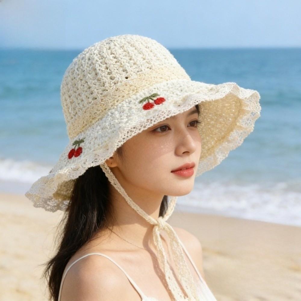 Cherry Embroidered Straw Fisherman Hat Lace Woven Bucket Hat Retro Women Sun Hat Ladies