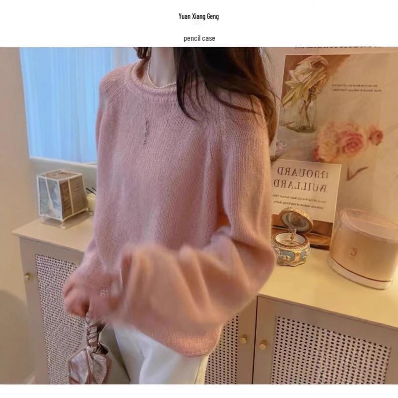 Women's Casual Round Neck Wool Knit Sweater - Autumn/Winter Solid Color Long Sleeve Base Layer