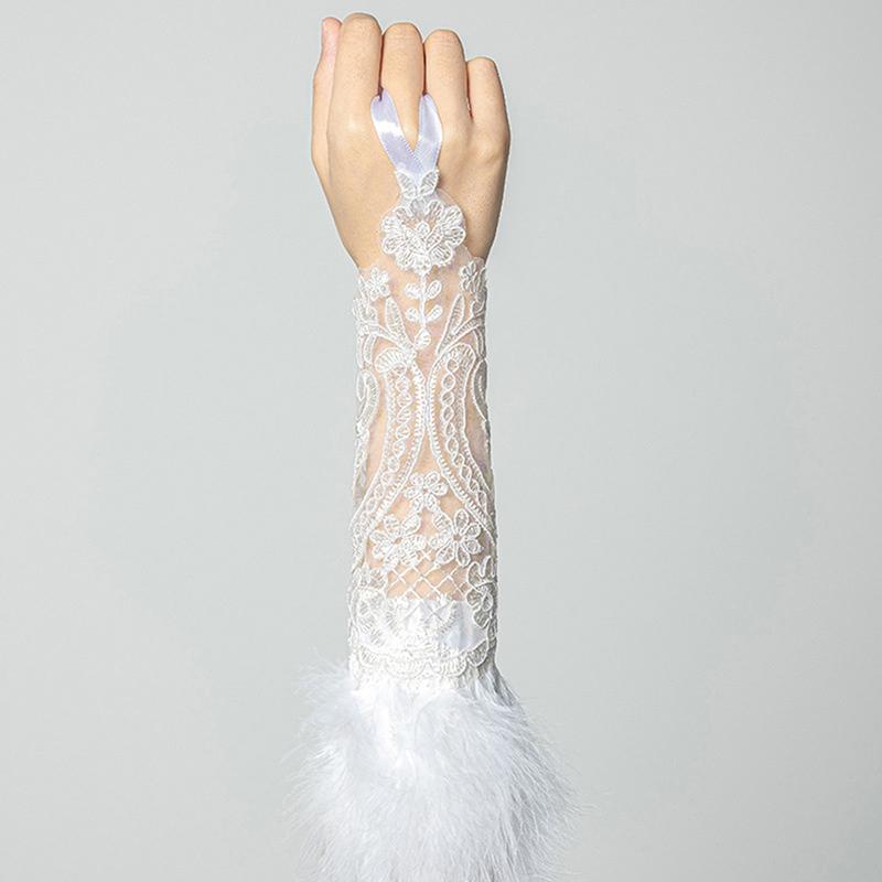 Женские кружевные перчатки без пальцев с перьями, длинные, браслет, готическая сетка, манжета, аксессуары для свадьбы, Хэллоуина