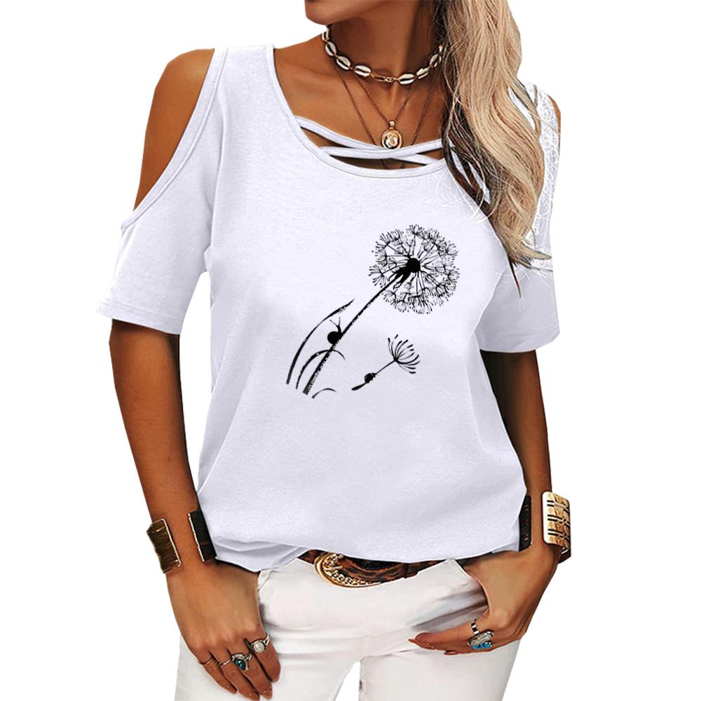 Women Fashion Off Shoulder T-shirt Ladies Casual Round Neck Floral Print Top Summer Short Sleeved Tee Shirt