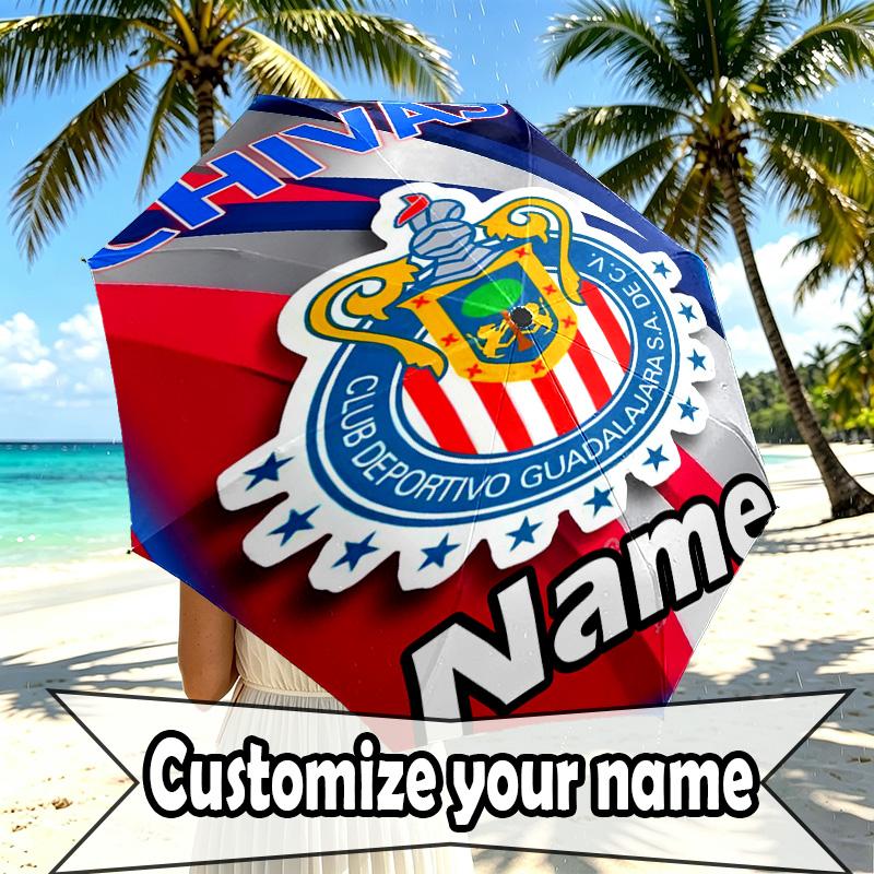 Custom Name Personalized Club Deportivo Guadalajara Print Umbrella, Auto Open Close, 8‑Rib Sturdy Frame, Commute Camping Hiking Use, Birthday Gift