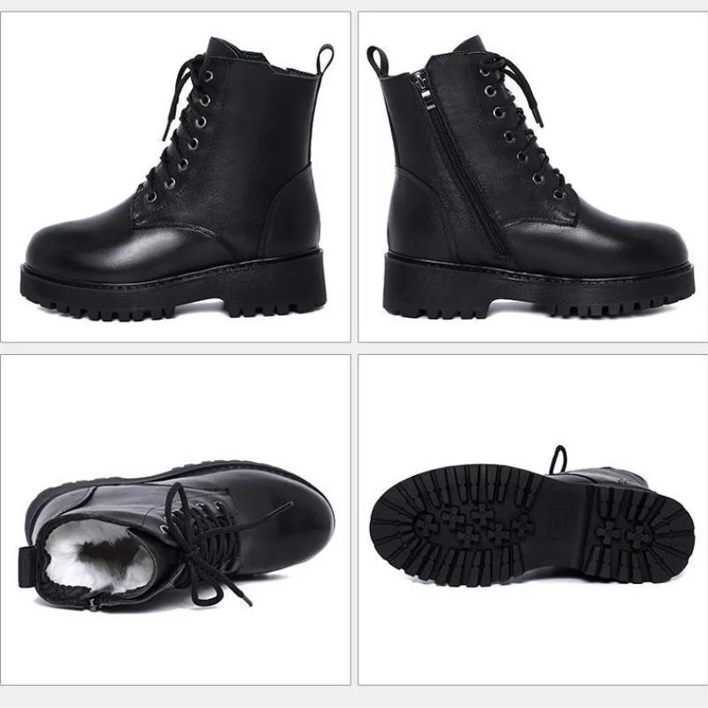 Модные женские сапоги на толстой подошве 2024 года, зимние теплые утолщенные короткие сапоги, водонепроницаемые, мягкие, кожаные, хлопковые, плоские туфли, женские зимние сапоги 42