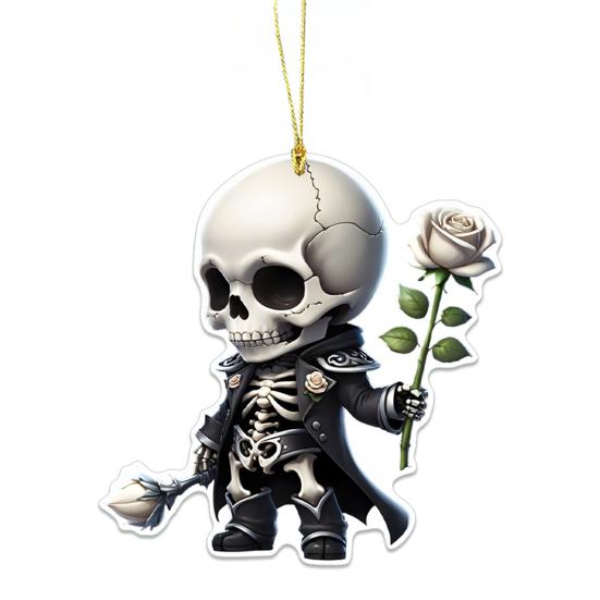 Halloween Car Ornament Cool Skeleton Acrylic Car Rearview Mirror Charm 2D Flat Skull Hanging Pendant for Car Interior Backpack Accessory