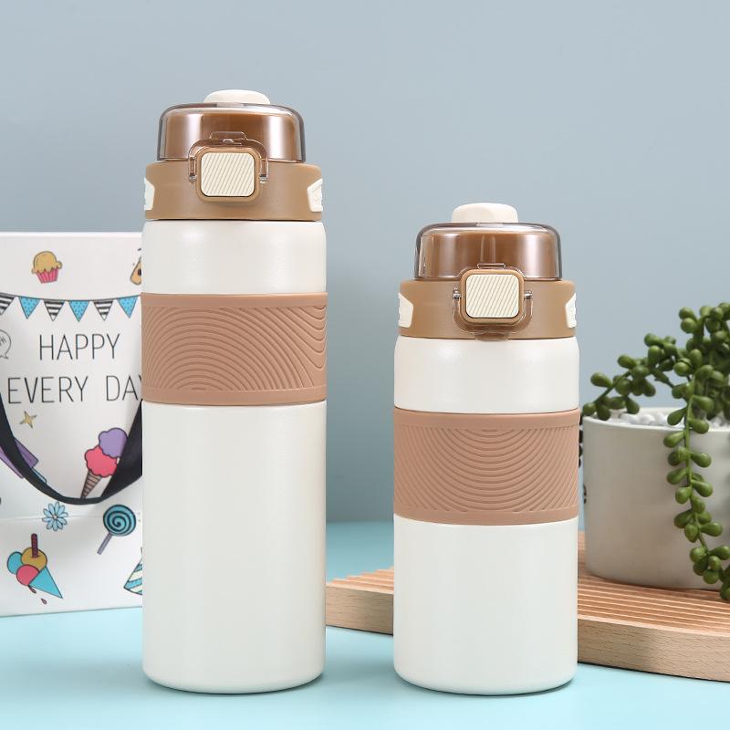 Новая термокружка из нержавеющей стали, простой портативный стаканчик с пружиной, для мальчиков и девочек, большой емкости, с трубочкой