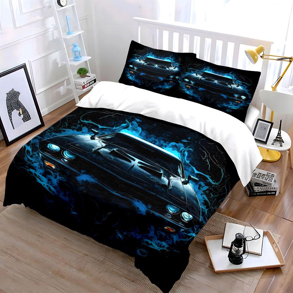 "Retro Blue Flame Muscle Car" Bedding Duvet Cover Set  (1*Duvet Cover 2*Pillowcases, without duvet insert)