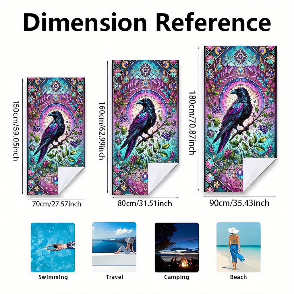 Mystical Raven Stained Glass Beach Towel, Jewel Tones Crow Design Quick-Dry Sand-Free Bath Towel for Pool and Vacation