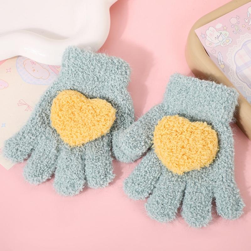 Winter Coral Fleece Gloves for Girl Cute Heart Thicken Plush Warm Full Finger Mittens Kids Windproof Anti-Cold Gloves