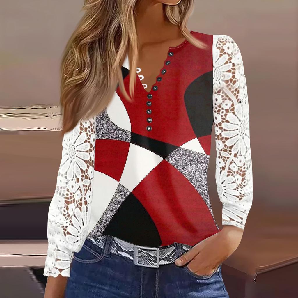 Women's T Shirt Tee Print Button Lace Long-sleeved  Daily Weekend Fashion Basic V- Neck Regular Top