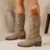 Autumn Foreign Trade New Large Size Thick Heel Medium Tube Stacking Boots Women's Cross-border Medium Heel Foot Cuff Square Head Suede Knight Boots