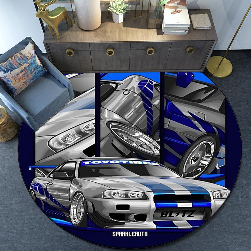 Skyline Blue Racing Spirit Speed And Style Round Rug for Livingroom,Bedroom, Palyroom, Chair Rug, Area rug, Circle Carpet, Fan Christmas gift